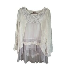 Neutral Floral Lace Tunic Top L Boho Indie Minimalist Lagen‎ Coastal Feminine